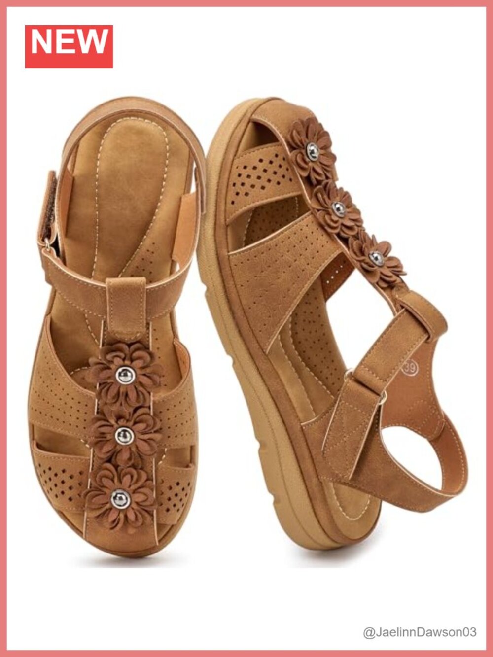 Faux Leather Closed Toe Flat Sandals with Hook & Loop Closure, Memory Foam